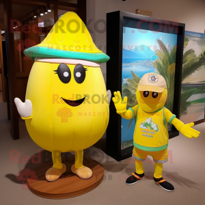Lemon Yellow Squash mascot costume character dressed with a Board Shorts and Hats