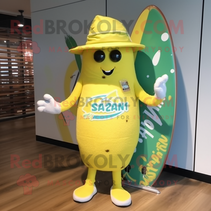 Lemon Yellow Squash mascot costume character dressed with a Board Shorts and Hats Lemon Yellow Squash mascot costume character dressed with a Board Shorts and Hats