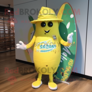 Lemon Yellow Squash mascot costume character dressed with a Board Shorts and Hats