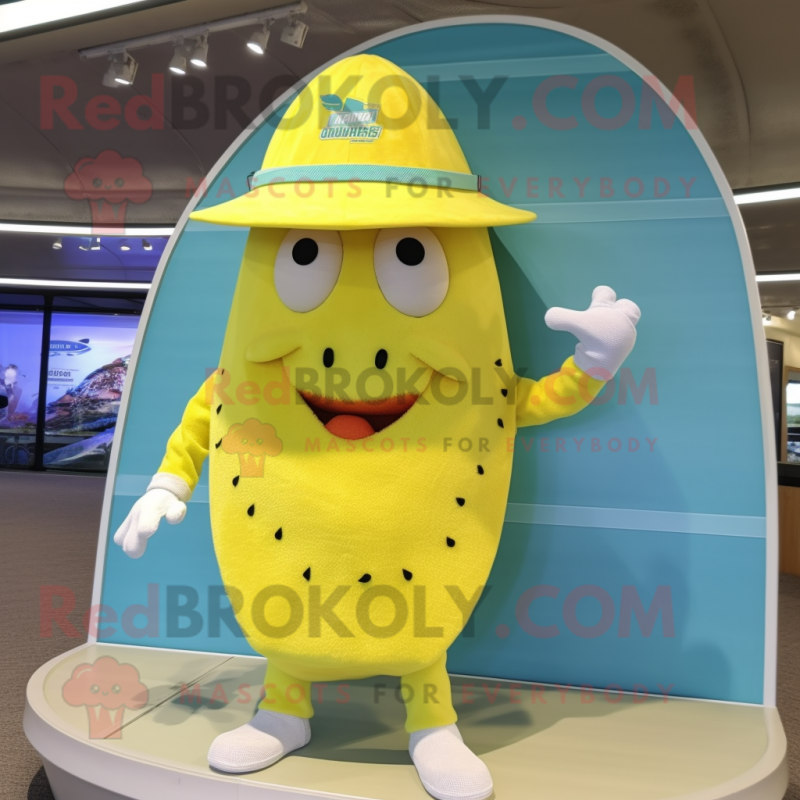 Lemon Yellow Squash mascot costume character dressed with a Board Shorts and Hats