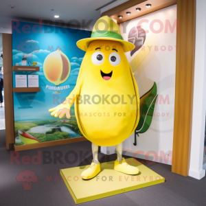 Lemon Yellow Squash mascot costume character dressed with a Board Shorts and Hats