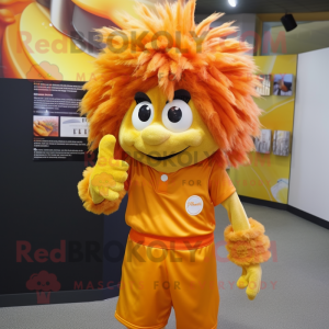 Gold Orange mascot costume character dressed with a Henley Shirt and Hair clips