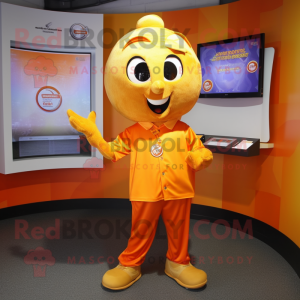 Gold Orange mascot costume character dressed with a Henley Shirt and Hair clips