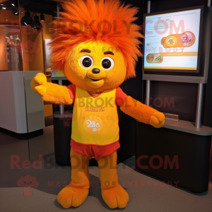 Gold Orange mascot costume character dressed with a Henley Shirt and Hair clips