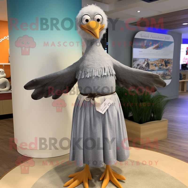 Gray Seagull mascot costume character dressed with a Maxi Skirt and Bracelet watches