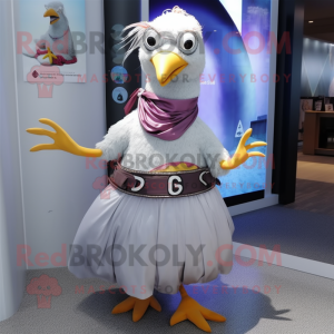 Gray Seagull mascot costume character dressed with a Maxi Skirt and Bracelet watches