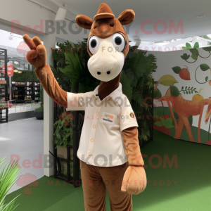 Brown Giraffe mascot costume character dressed with a Polo Shirt and Gloves