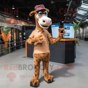 Brown Giraffe mascot costume character dressed with a Polo Shirt and Gloves