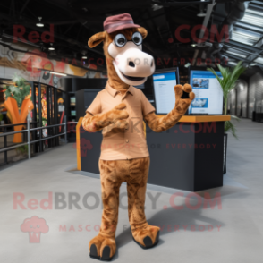 Brown Giraffe mascot costume character dressed with a Polo Shirt and Gloves