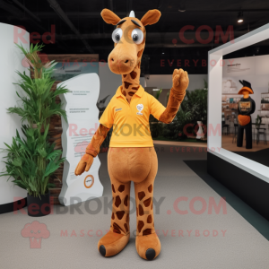 Brown Giraffe mascot costume character dressed with a Polo Shirt and Gloves