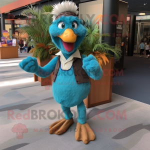 Teal Turkey mascot costume character dressed with a Corduroy Pants and Foot pads