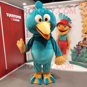 Teal Turkey mascot costume character dressed with a Corduroy Pants and Foot pads
