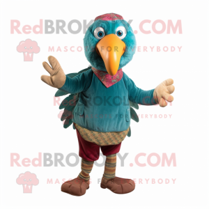 Teal Turkey mascot costume character dressed with a Corduroy Pants and Foot pads
