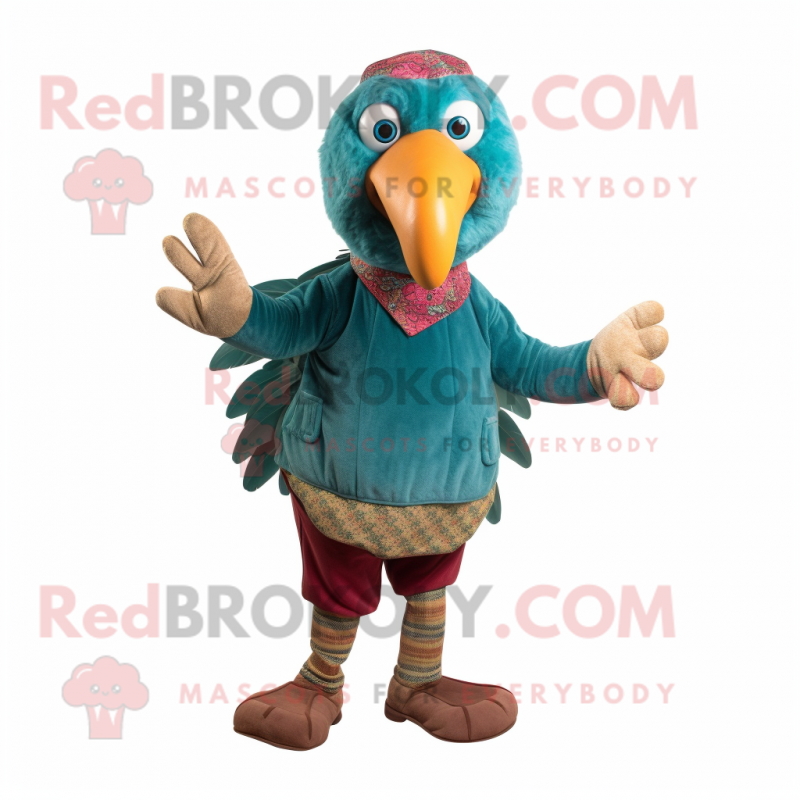 Teal Turkey mascot costume character dressed with a Corduroy Pants and Foot pads Teal Turkey mascot costume character dressed with a Corduroy Pants and Foot pads