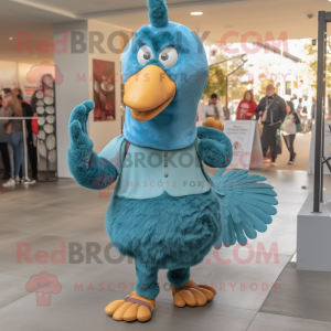 Teal Turkey mascot costume character dressed with a Corduroy Pants and Foot pads