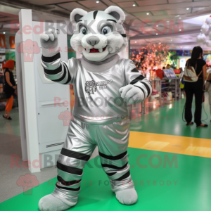Silver Tiger mascot costume character dressed with a Bodysuit and Backpacks