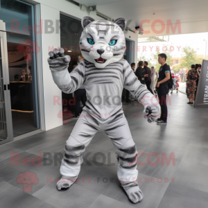 Silver Tiger mascot costume character dressed with a Bodysuit and Backpacks
