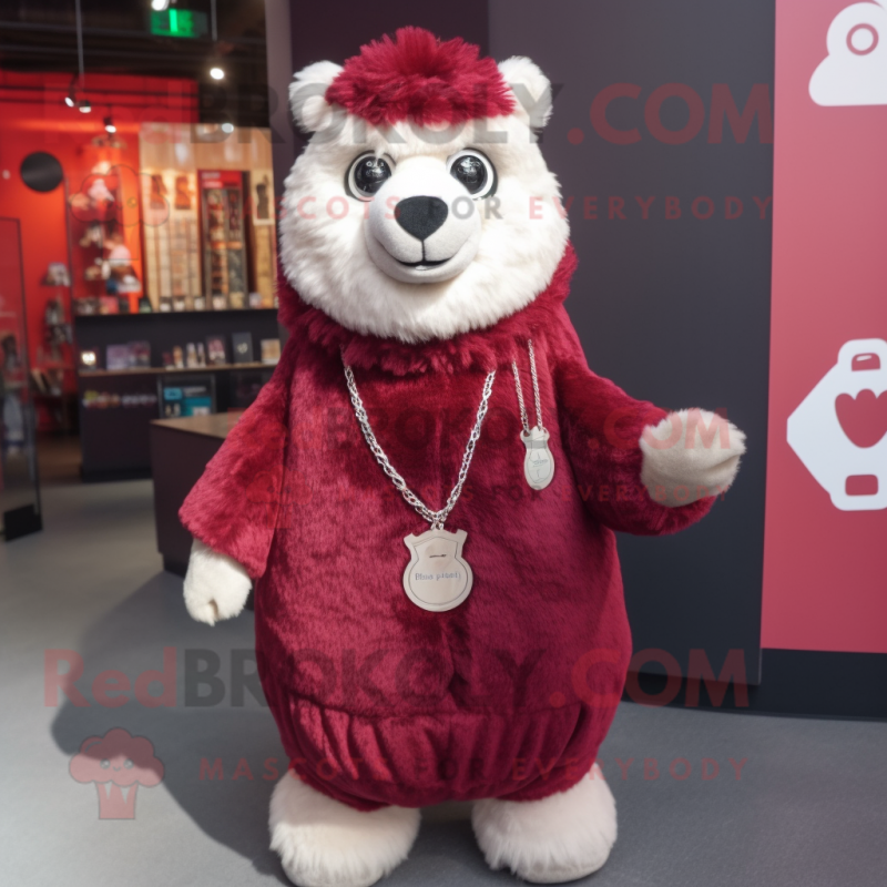 Maroon Alpaca mascot costume character dressed with a Shift Dress and Keychains