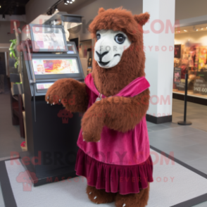 Maroon Alpaca mascot costume character dressed with a Shift Dress and Keychains