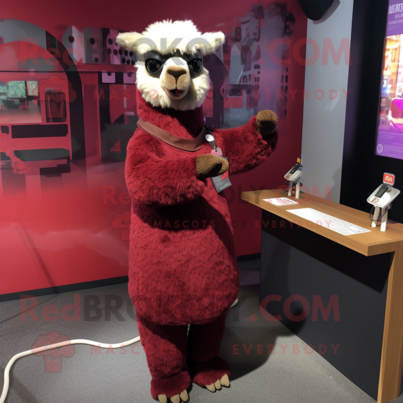 Maroon Alpaca mascot costume character dressed with a Shift Dress and Keychains Maroon Alpaca mascot costume character dressed with a Shift Dress and Keychains