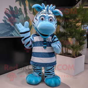 Sky Blue Zebra mascot costume character dressed with a Dress Shirt and Mittens