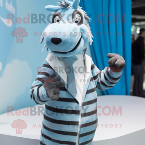 Sky Blue Zebra mascot costume character dressed with a Dress Shirt and Mittens