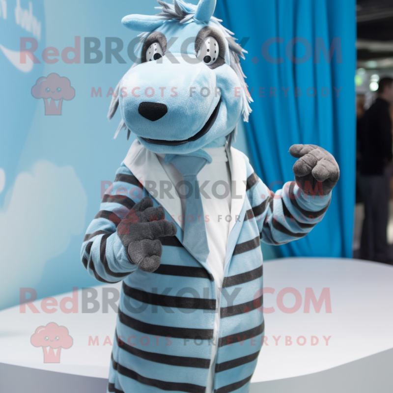Sky Blue Zebra mascot costume character dressed with a Dress Shirt and Mittens Sky Blue Zebra mascot costume character dressed with a Dress Shirt and Mittens