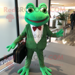 Forest Green Frog mascot costume character dressed with a Dress Shirt and Coin purses