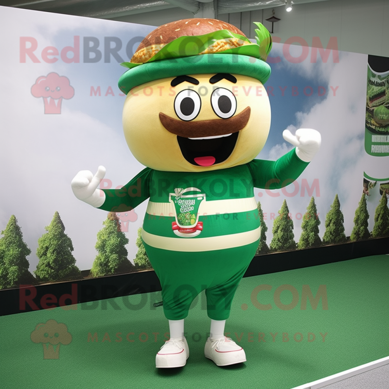 Forest Green Hamburger mascot costume character dressed with a Running Shorts and Cummerbunds Forest Green Hamburger mascot costume character dressed with a Running Shorts and Cummerbunds