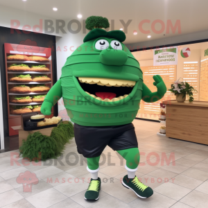 Forest Green Hamburger mascot costume character dressed with a Running Shorts and Cummerbunds