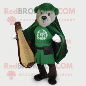 Forest Green Celtic Harp mascot costume character dressed with a Windbreaker and Messenger bags