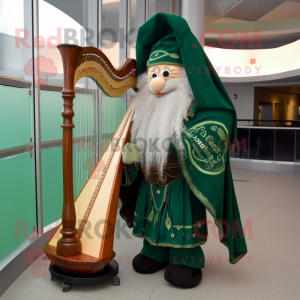 Forest Green Celtic Harp mascot costume character dressed with a Windbreaker and Messenger bags