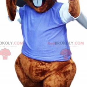 Mascote do castor com uma camisa azul. Fantasia de castor -