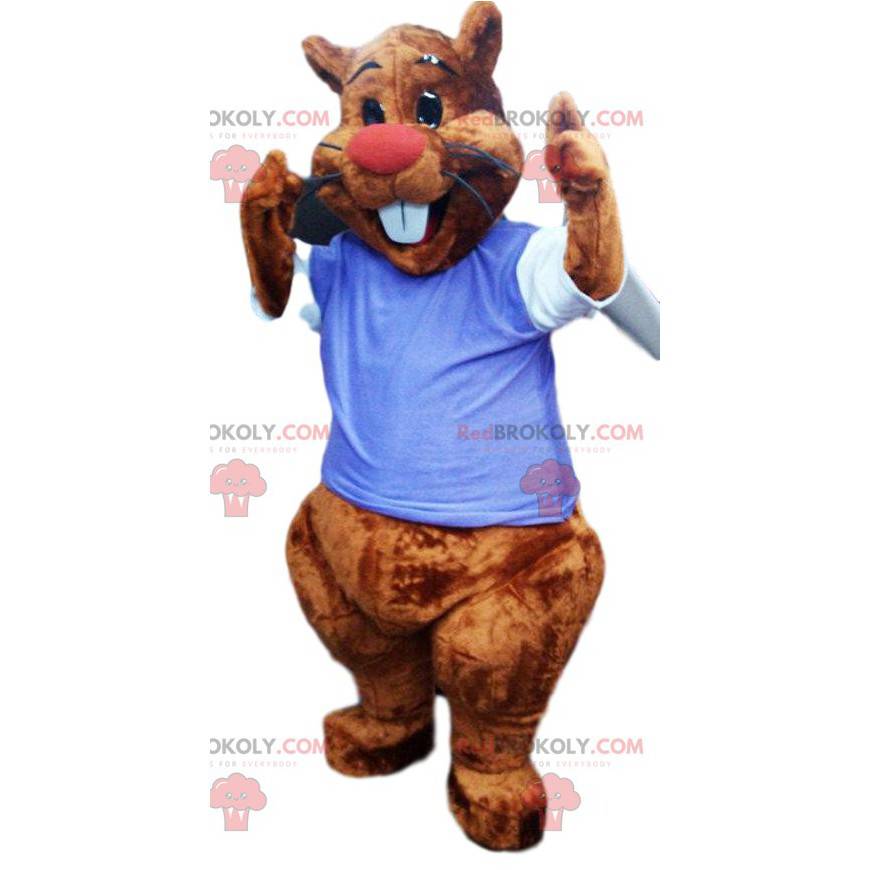 Mascote do castor com uma camisa azul. Fantasia de castor -