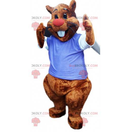 Mascote do castor com uma camisa azul. Fantasia de castor -