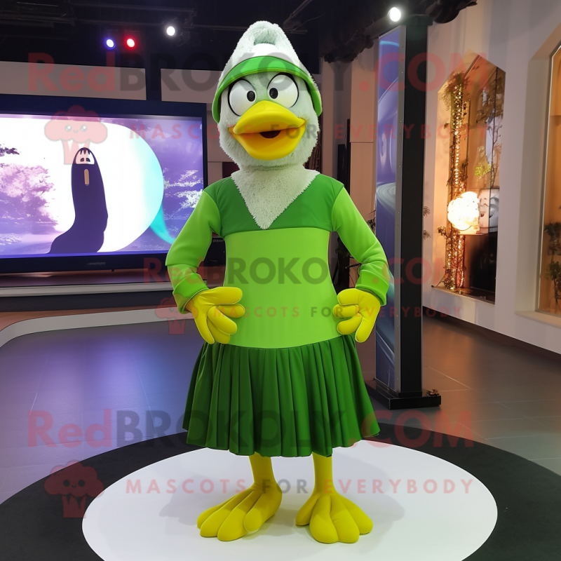 Lime Green Geese mascot costume character dressed with a Maxi Skirt and Beanies Lime Green Geese mascot costume character dressed with a Maxi Skirt and Beanies