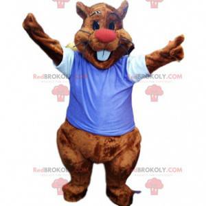 Mascota de castor con una camiseta azul. Disfraz de castor -