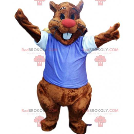 Mascotte de castor avec un maillot bleu. Costume de castor -