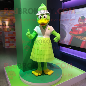 Lime Green Geese mascot costume character dressed with a Maxi Skirt and Beanies