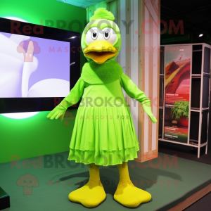 Lime Green Geese mascot costume character dressed with a Maxi Skirt and Beanies