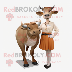 Tan Zebu mascot costume character dressed with a Pencil Skirt and Cummerbunds