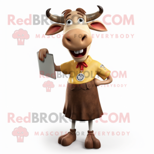 Tan Zebu mascot costume character dressed with a Pencil Skirt and Cummerbunds