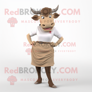 Tan Zebu mascot costume character dressed with a Pencil Skirt and Cummerbunds