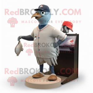 Gray Passenger Pigeon mascot costume character dressed with a Baseball Tee and Wallets
