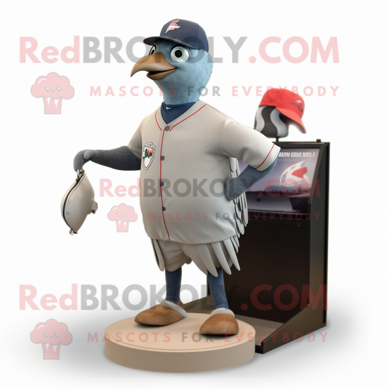 Gray Passenger Pigeon mascot costume character dressed with a Baseball Tee and Wallets Gray Passenger Pigeon mascot costume character dressed with a Baseball Tee and Wallets