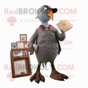 Gray Passenger Pigeon mascot costume character dressed with a Baseball Tee and Wallets