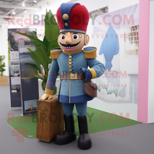 Olive British Royal Guard mascot costume character dressed with a Denim Shirt and Wallets