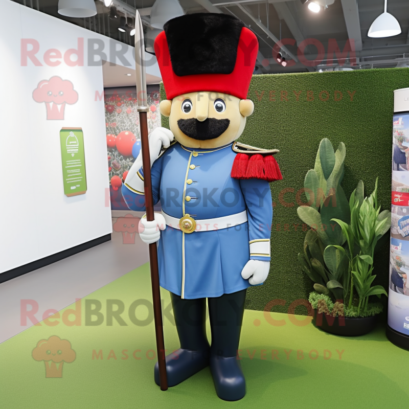 Olive British Royal Guard mascot costume character dressed with a Denim Shirt and Wallets Olive British Royal Guard mascot costume character dressed with a Denim Shirt and Wallets