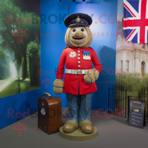Olive British Royal Guard mascot costume character dressed with a Denim Shirt and Wallets