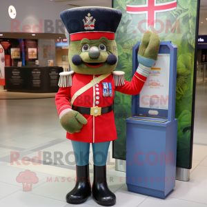 Olive British Royal Guard mascot costume character dressed with a Denim Shirt and Wallets